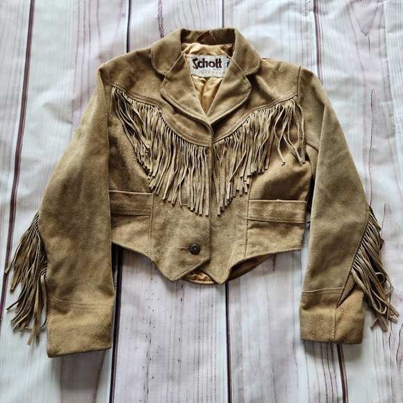 Schott NYC Jackets & Blazers - Schott NYC Vintage 80s Cropped Western Fringed Suede Jacket Tan, Women's Size S